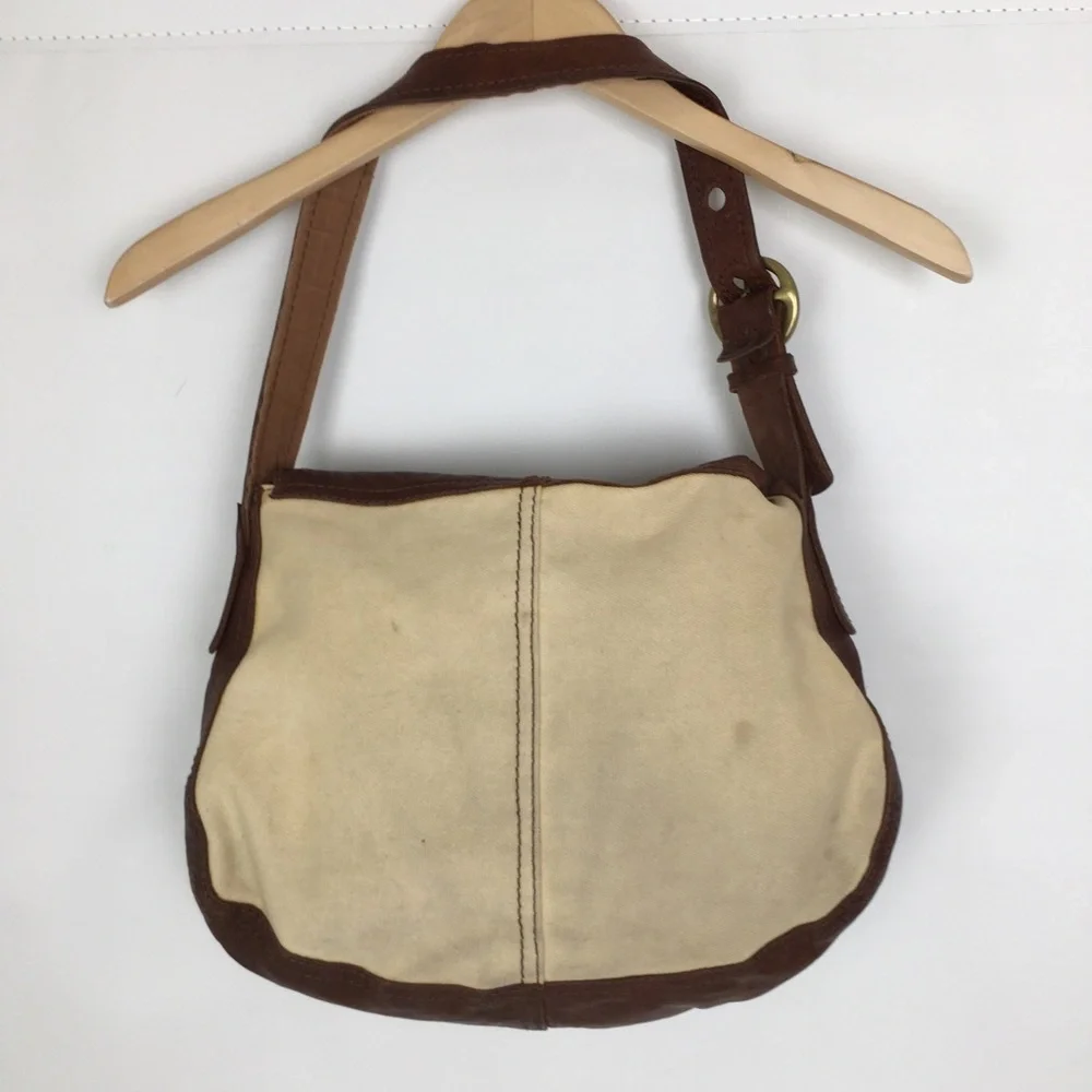 Lucky Brand Italian Leather & Canvas Shoulder Bag Brown Tan Hobo Bag Purse